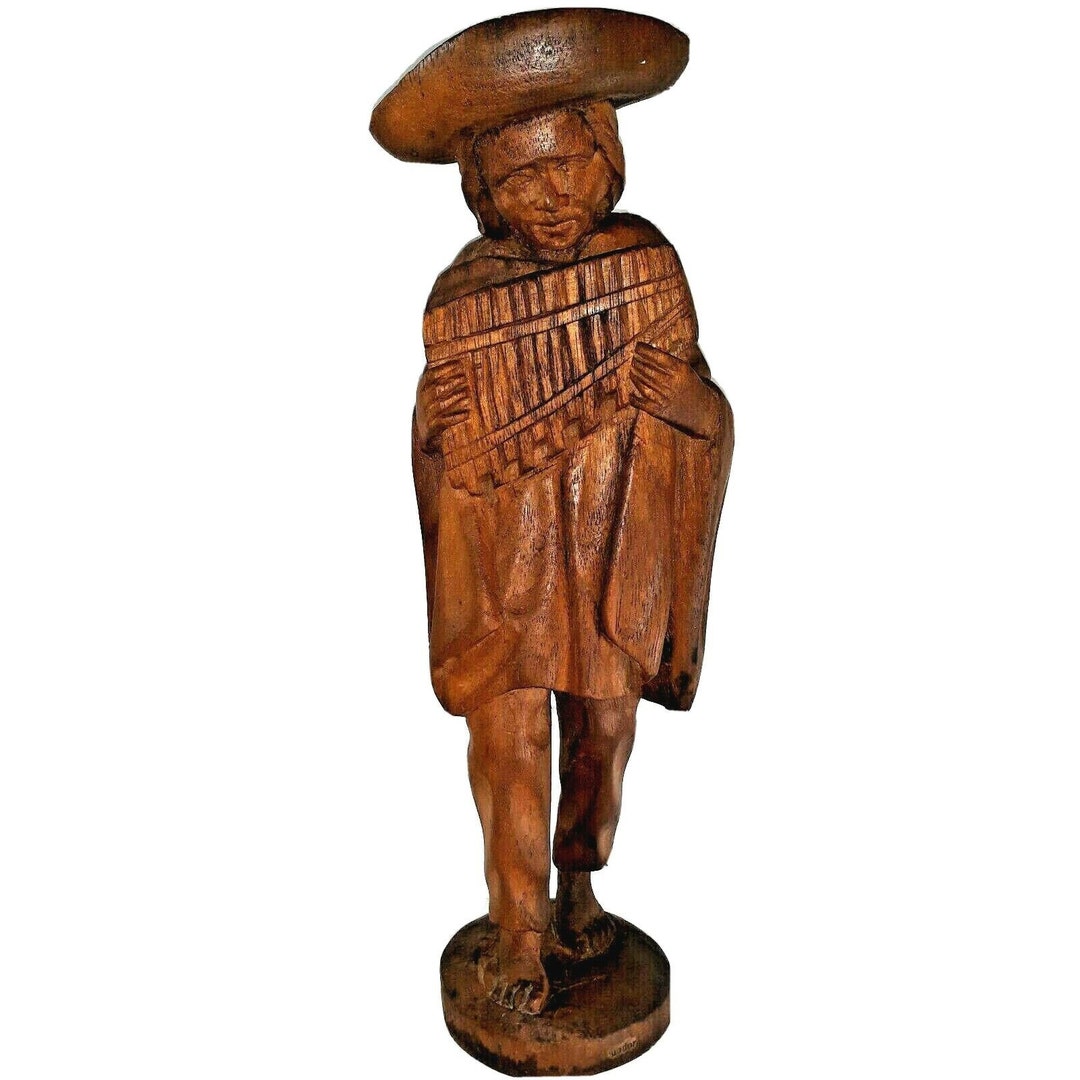 Hand Carved Folk Art Ecuador Statue Woman W/ Pan Flute Rustic Etsy