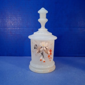 Vintage Bristol Glass Jar w/ Lid Apothecary Vanity Opaline Clam Broth Hand Paint