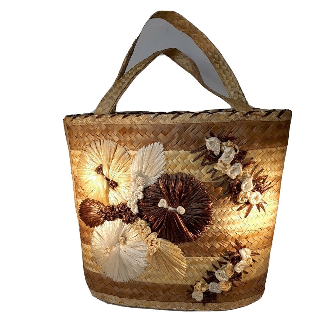 Vintage Woven Purse Tote Raffia Rattan Straw Wicker Beach Bag Large ...