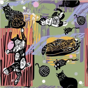 Ethically Made Tea Towels - whimsical 1940s Cat Design – Organic Cotton & Linen -mid century design