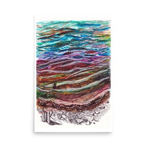 Póster de río en verano / Acuarela al aire libre / Inspirado en la naturaleza / Paisaje sereno con detalles del lecho del río / Bellas artes contemporáneas