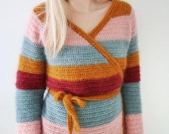 Crochet Wrap Cardigan Pattern PDF / Cosy Balloon Sleeve Wrap Cardigan Mohair / Cherry Blossom Wrap Cardigan - Mohair and Stripe edition