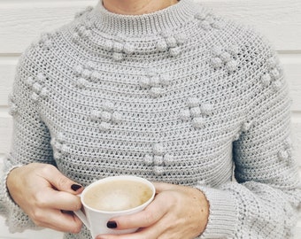 Crochet Sweater PDF Pattern / Cloud Mist Sweater / Digital Download Crochet Pattern / Bobble Stitch / Circular Yoke / No sewing