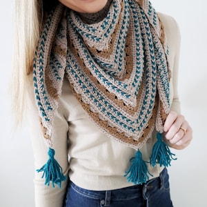 May include: A crocheted triangular scarf with a teal and brown color scheme. The scarf has fringe tassels on the ends.