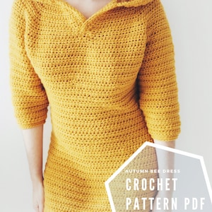 May include: A crochet dress pattern PDF for an Autumn Bee Dress. The pattern is available from Coffee & Crocheting.