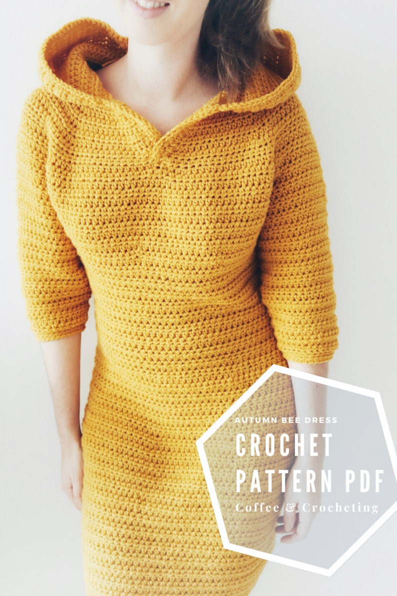 May include: A crochet dress pattern PDF for an Autumn Bee Dress. The pattern is available from Coffee & Crocheting.