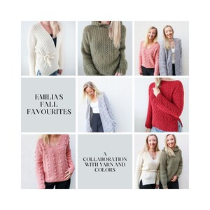 May include: A collage of nine images showcasing various knitted sweaters in different colors and styles. The text "Emilia's Fall Favourites" and "A Collaboration with Yarn and Colors" is featured in the collage.