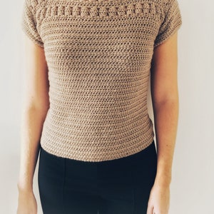 Peut inclure: Un haut crochet&eacute; &agrave; manches courtes de couleur marron. Le haut pr&eacute;sente un motif de point d&eacute;coratif autour de l'encolure.