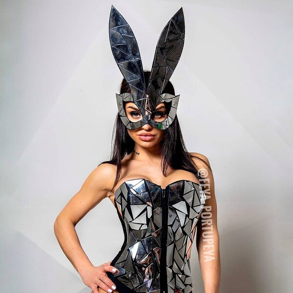 Spiegel Kostüm Set Spiegel Korsett Overknee Stiefel Bunny Maske Tanzkostüm GoGo Bühnenkleider Performance Tanzkleid Clubwear Burning woman