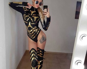 Dance Festival Costume Gold Black Bodysuit Leg Covers Stage Dresses Go Go Party Girl Performance Clothing Club wear Burning women Outfit