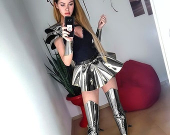 Dance Show Costume set - Metallic Skirt Shoulders Bracelets Over knee boots, Festival Performance Clothing Silver Club wear