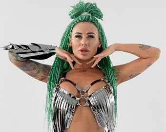 Festival costume set with Bracelet Bra Skirt, Metalic Clothing Burning man outfit Cyber Punk Futuristic Apocalypse wear