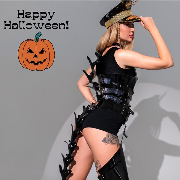 Black Spine Halloween Costume: Hedpiece Bodysuit Leg Armor Tail - Perfect for Cosplay Party, Show Performance Dance Event Rave outfit
