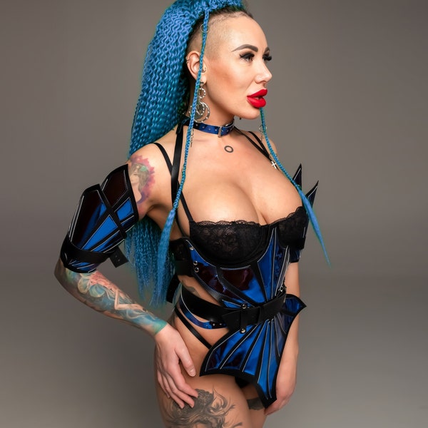 Traje burlesco brillante azul oscuro conjunto body columna brazo y pulsera de pierna, drag queen cosplay fantasía épica hada gótica dragón azul