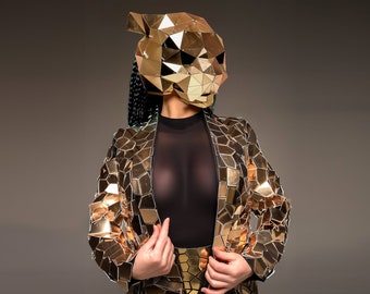 Mirror Costume set with Jacket Shorts Leg Covers and Jaguar mask, Disco Clothing Sequin Rhinestones Golden Coats for Show Performance outfit