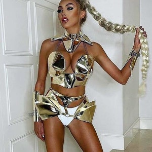 Burning Man Clothing set Top Skirt Choker Bracelets, Drag Queen Costume Gold Lady Performance Outfit Mirror Festival wear