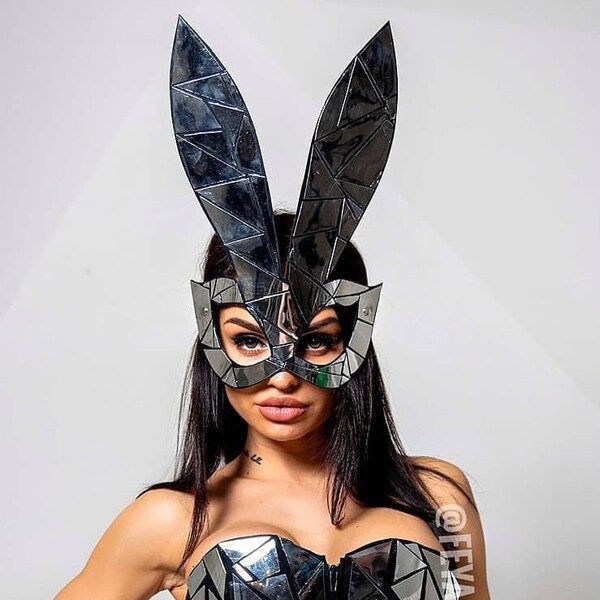 Mirror Rabbit Mask, Carnival mask, Stage mask, Performance mask, Ball Mask, Silver mask, Festival mask, Headpiece, Masquerade, Burning woman