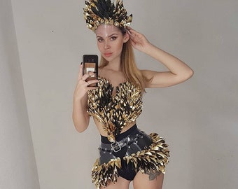 Gold Costume for Festival Burning woman, Festival Outfit, Gold Crown Top Bra & Skirt Basque, Performance Dresses, Stage Clothing, head dress