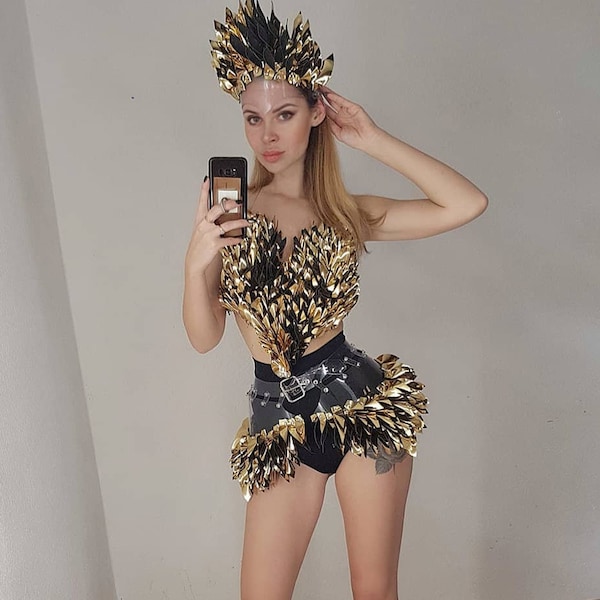 Gold Costume for Festival Burning woman, Festival Outfit, Gold Crown Top Bra & Skirt Basque, Performance Dresses, Stage Clothing, head dress