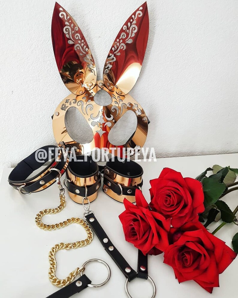 Luxury Gold Set of Bunny Mask Leather Collars Cuffs BDSM Gear Le Luxury Gold Set of Bunny Mask Leather Collars Cuffs BDSM Gear Le