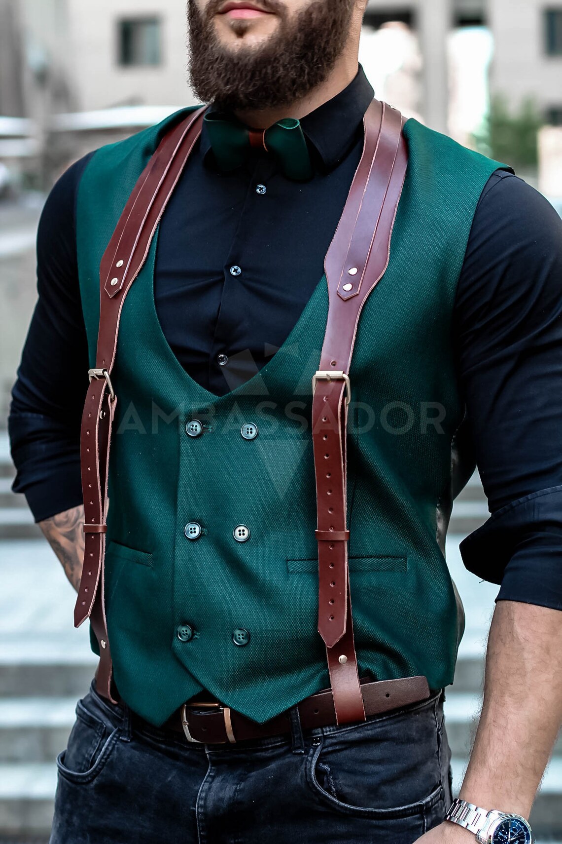 Luxary Leather Suspendersmen Harness Brownchest Etsy