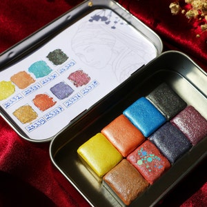 Magic Effect - 8 Pcs Handmade Watercolor Palette - Nacreous and Metallic Watercolor Half Pan Set with Metal Tin Box