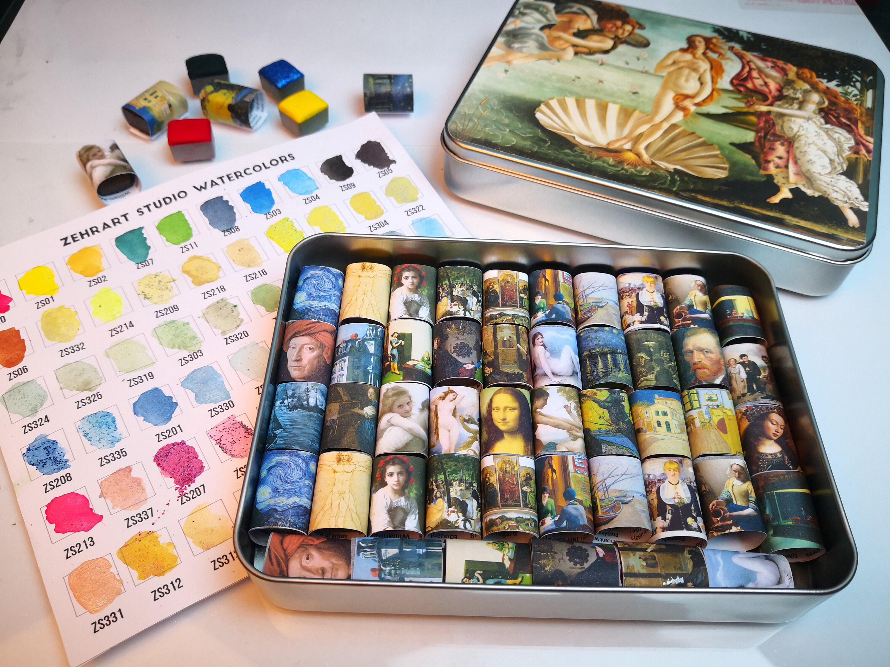 60 個のハーフパン水彩絵の具セット - 金属製ブリキ箱入り手作り水彩