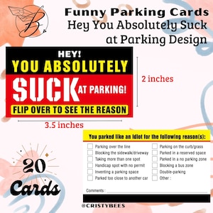 Parkeerkaarten, Hey You Absoluut slecht in parkeren ontwerp, visitekaartje formaat, mate ontwerp, parkeerkaart ontwerpen. 20 grappige parkeerkaarten.