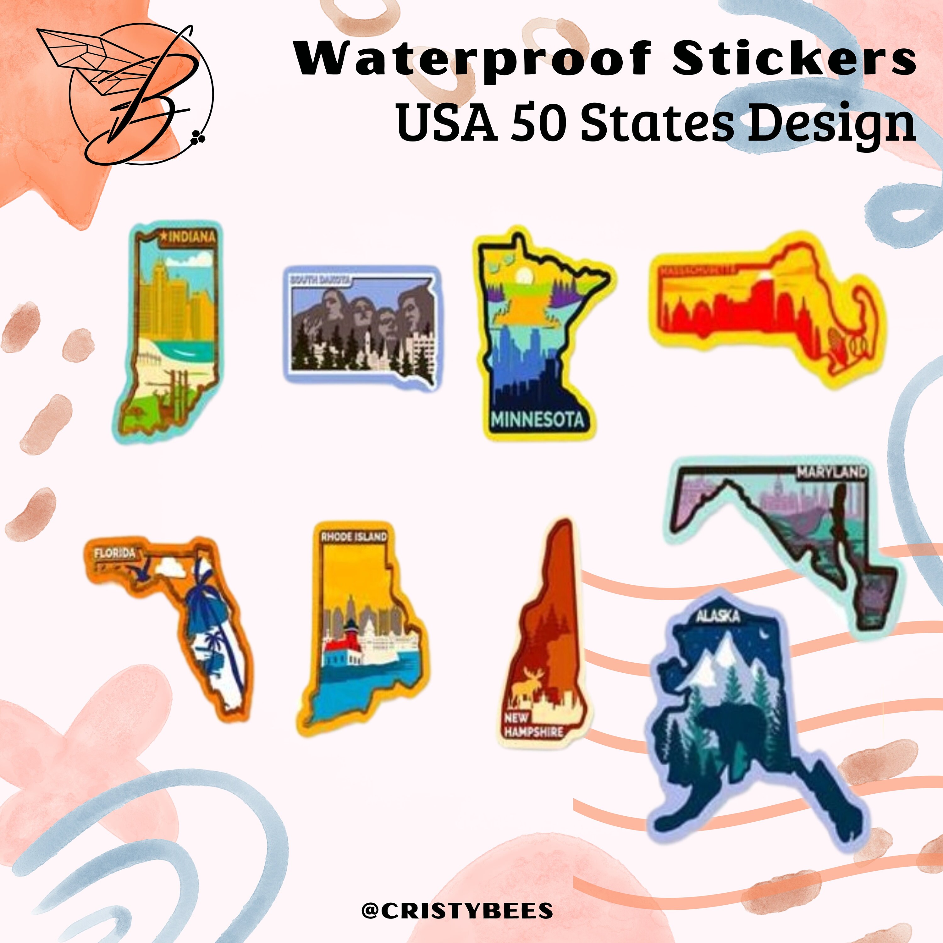 USA 50 States Stickers, Waterproof Stickers, USA States Decoration ...