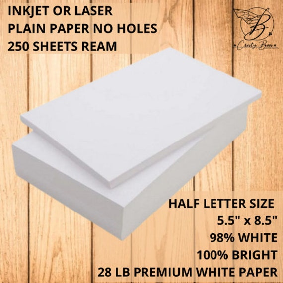 White Paper 28lb, 250 Sheets, Half Letter Size, 5.5 X 8.5 / 5 1/2 X 8 1/2,  Bright Paper, Planner Paper, Unpunched Paper, Happy Planner 