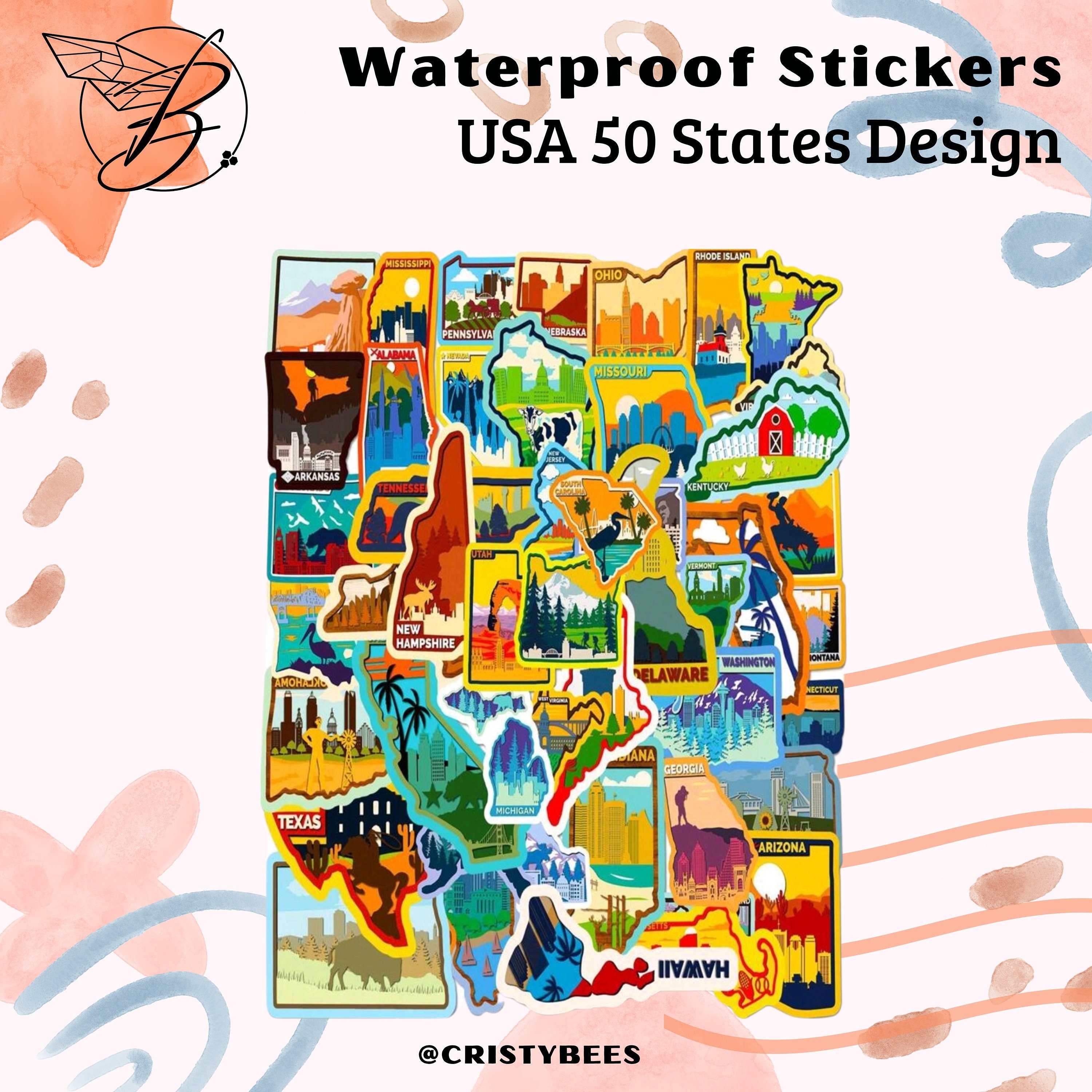USA 50 States Stickers, Waterproof Stickers, USA States Decoration ...