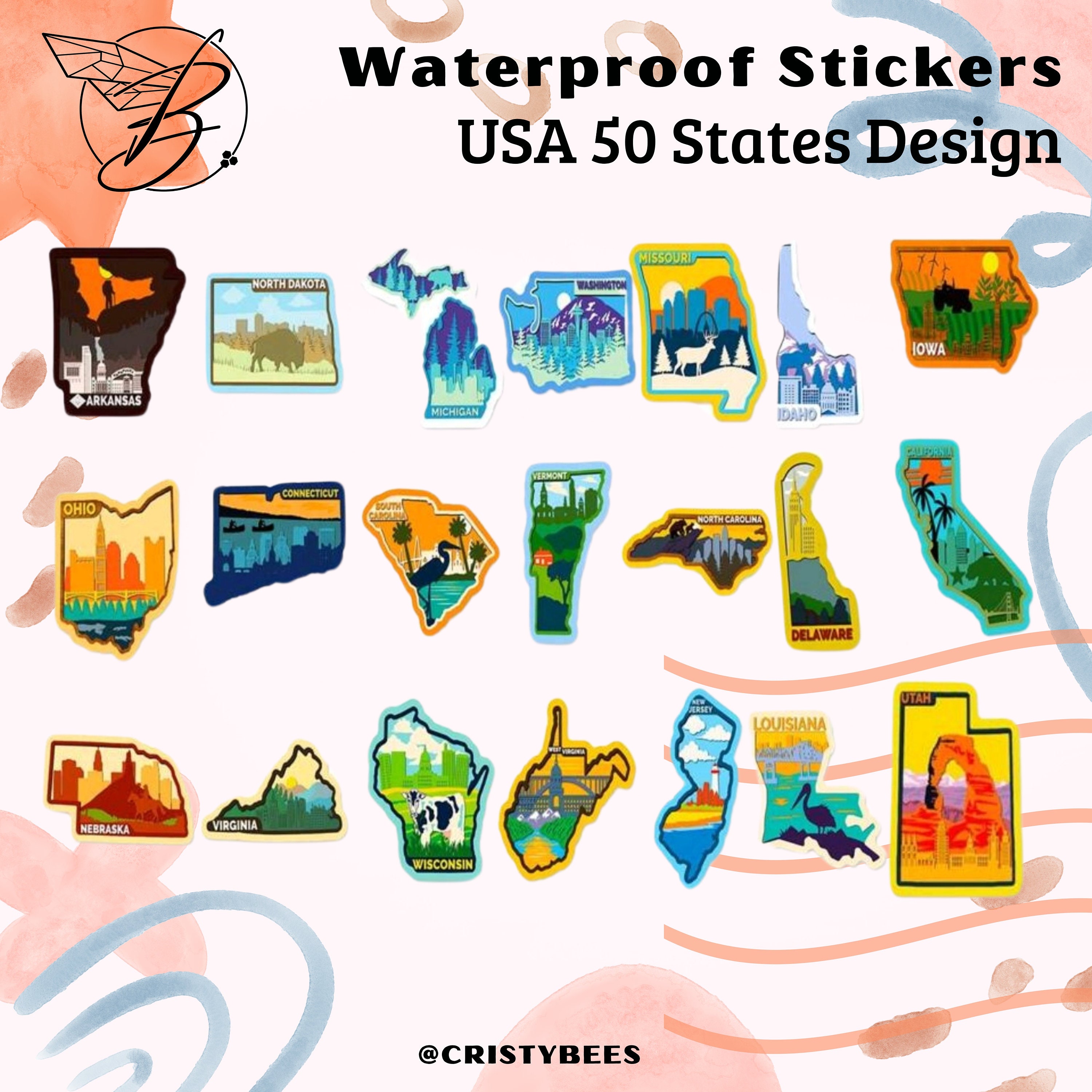 USA 50 States Stickers, Waterproof Stickers, USA States Decoration ...