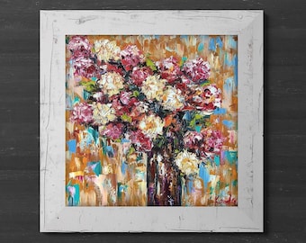 Vibrant Flowers Painting, Colorful Art, Square 14x14 Original Oil Painting On Canvas, Bouquet Of Flowers Painting, Impressionist Art