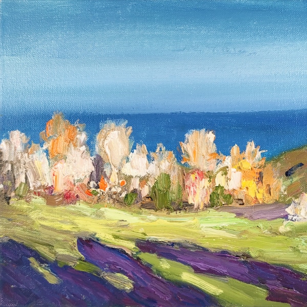Oljemålning på Kaliforniens kust: Solig sommarlandskapskonst (9,4x11,8)