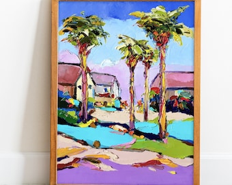 Sunny Miami Palm Tree Oil Painting: Vibrant California Art (16x12)