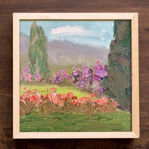 Paisagem da Califórnia Flores Campo Dia Ensolarado de Verão Arte Impressionista Roxo Vermelho Flores Silvestres Pintura a Óleo Original Textura e Cores Brincam