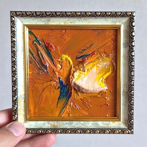 Pintura al óleo abstracta enmarcada en naranja, colorida, pequeña, 4 x 4, arte original, arte de pared pequeño y oscuro, obra de arte para amantes, expresionismo contemporáneo, decoración cuadrada