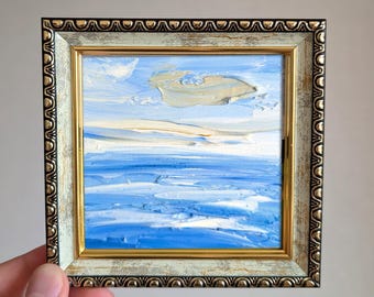 Piccolo dipinto ad olio astratto di mare, paesaggio marino blu oceano 4x4, arte originale strutturata