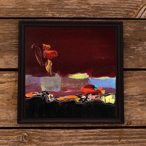 Pintura a óleo original abstrata 6x6, pintura quadrada, formas vermelhas abstratas, decoração de parede pequena, arte contemporânea carmesim em painel duro, decoração de parede