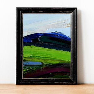 Arte de parede de céu azul e colinas, pintura verde, paisagem dos EUA, céu chuvoso, vista panorâmica, arte ao ar livre, papelão, espátula, texturizado, impasto