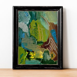 Pintura abstrata verde, arte abstrata moderna, pintura a óleo sobre papelão, arte contemporânea, arte de parede verde-escuro moderna, arte com manchas coloridas