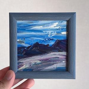 Pintura de arte en miniatura azul marino, arte de pared pequeño de 4 x 4 pulgadas, arte abstracto azul marino, desierto de Texas, pequeño empaste, descenso, pintura al óleo original