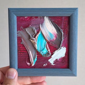 Pequeño cuadro enmarcado de 5x5, paisaje abstracto diminuto, rojo cian, arte original enmarcado, listo para colgar, pequeña decoración de pared, obra de arte al óleo bien texturizada