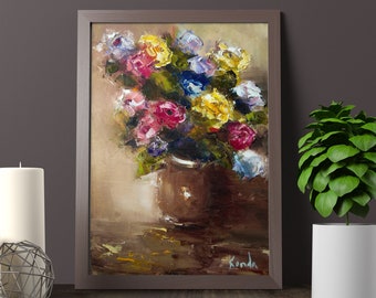 Peinture de fleurs originale sur toile Bouquet de fleurs sauvages dans un vase Fleurs abstraites au couteau, peinture moderne Art floral unique