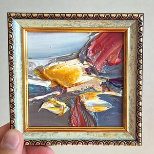 Pintura original enmarcada de color amarillo brillante y marrón, lista para colgar, pintura al óleo original abstracta expresionista en marco, mini pintura, arte pequeño