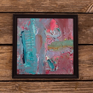 Pintura a óleo abstrata bagunçada 10x10" arte moderna original arte de parede abstrata quadrada verde vermelho arte contemporânea texturizada impasto arte