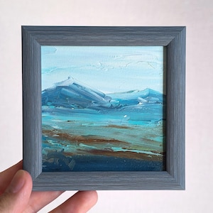 Moldura Arte Original Azul Tiny 4x4 Pintura Abstrata Alaska Arte Em Frane Paisagem De Neve De Inverno Pintura A Óleo Suave Na Cor Azul Pronto Para Pendurar
