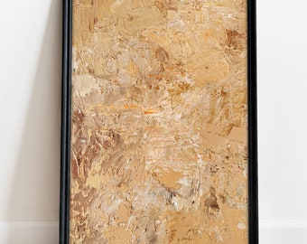 Dipinto astratto a olio sui toni del beige: opera d'arte da parete marrone con texture (30x20 cm)