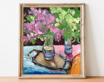 Purple Flowers Painting, Bouquet  Art, Farmhouse Decor, Garden Lover Gift, Original Oil Painting, Floral Still Life Artwork, Vibrant Art