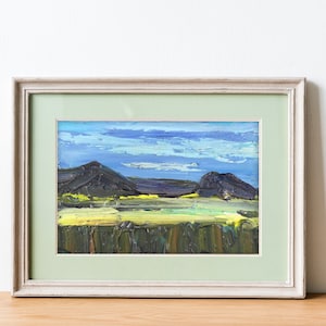 Pintura Blue Ridge Mountains Arte Céu Azul Arte Campo Verde Pequena Pintura a Óleo Original 4x6 Paisagem da Carolina do Norte Pintura Horizontal